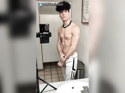 Gym Twunk Gets Butt Ass Naked in Bathroom and Strokes his Giant Dick