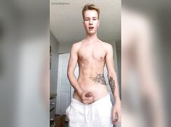 cute fit guy sriping pants reveals his big cock and get blows