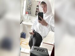 cute blonde whitw hoodie jerking bathroom cum