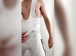 Scally lad Cums through White Lycra suit twice