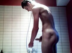 cute fit brunette taking a shower wanks