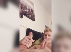 big cock blonde wanking cum on his bed