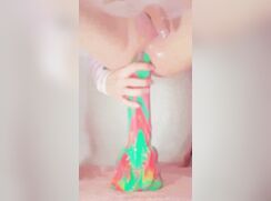 Fem Boi Fucking himself with Long, Colorful Dildo-Cums 210