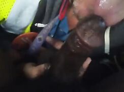Black Trade Sucked Off In Car.  White cocksucker eats load of cum