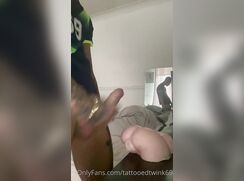 Tatts lad cums on table after fucking toy pussy