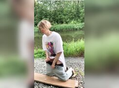 cute blonde guy outside jacking off