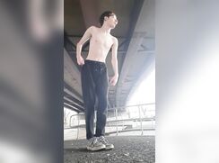 Marley strips and cums under a bridge gay porn tube