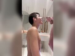 Kaleb gets a facial in the bathroom