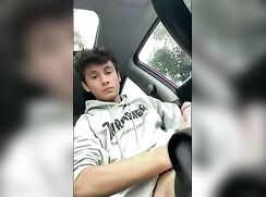 brunette twink jerking and cumming in the car