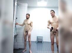 Swimmer with big cock chatting naked in open showers with other sexy teammates!!