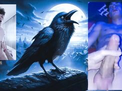 The cute crow on the roof sees a gay twink playing up close at night