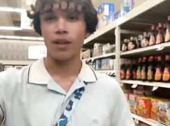 Twink jerks off in grocery store restroom