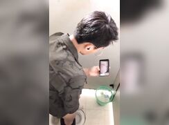 Jerk and cum in public bathroom