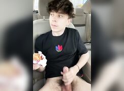 Twink eats food, jerks, shows ass, and cums in car.