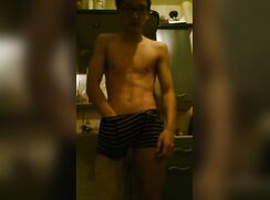 Uncut glasses boy wearing black strips and slowly wanks (no cum)