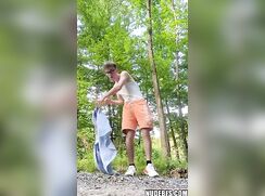 Blond cute guy gets naked and jerks off outdoor in the forest