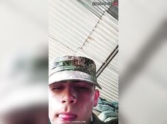 Cute soldier jerk and cum on post.