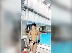 Young tireless boy trampoline diver