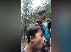 three asian twink classmates suck each other in the forest