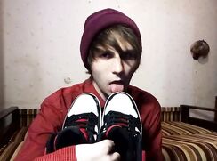 Emo skater licks cum on sneakers