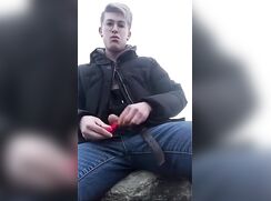 Hot Dark Blond with Glasses wanks outdoors at a Lake - AI Enhanced