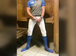 Baseball Player JockDad87 Edges in the Sauna in Blue Baseball Gear