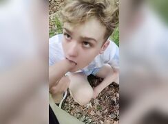 Bitch blond boy gives blowjob while top pees
