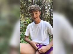 Hung pretty twink jerking off in the woods till cumming