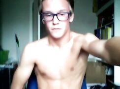 Blond webcam muscle stud with glasses strips wanks and cums