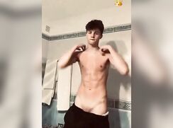 Fit teen boy slowly showing his fat dick