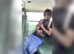 Black guy cums in the bus