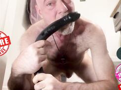 Exposure whore Christopher Allen Foster throating long black dildo ass to mouth