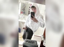 cute blonde in white hoodie bathroom jo