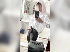 cute blonde in white hoodie bathroom jo