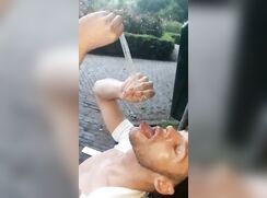 fag drinking cum from 20 used condoms at the park
