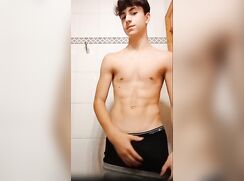 Hot hung guy in buldging joggers wanks