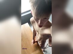 Throbbing cock leaves cum across the table