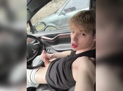 Cute Tesla blond car cum