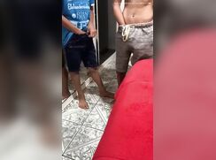 Three friends playing with their cocks together