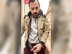 Verbal daddy wanks and cums outside