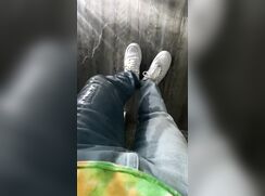 Desperate twink floods his jeans and sneakers