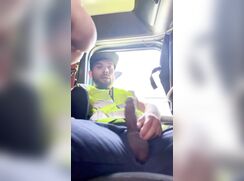 Jacob plays in his work truck