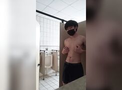 Risky jerking off in a restroom while nude