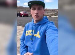 Blond college jock jerks off outside in the parking lot