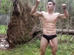 Dude out in the woods takes out his big cock