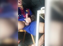 Asian jakol at his desk blue shorts big load