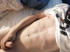 Femboy twink in thighhighs teases and shoots cum on tummy - 08-24-25