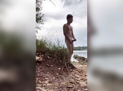 Twink jerks off at the water's edge and cums - 08-31-25