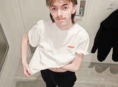 Skinny boy Ember strips completely in public restroom