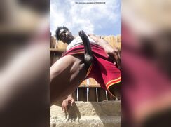 Sexy black guy cums outside